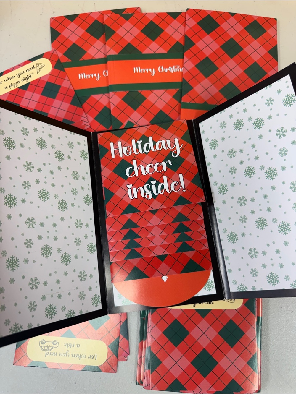 Holiday Cheer Inside! 6 pack Red & Green Holiday Cards for stuffing 6 gift packs